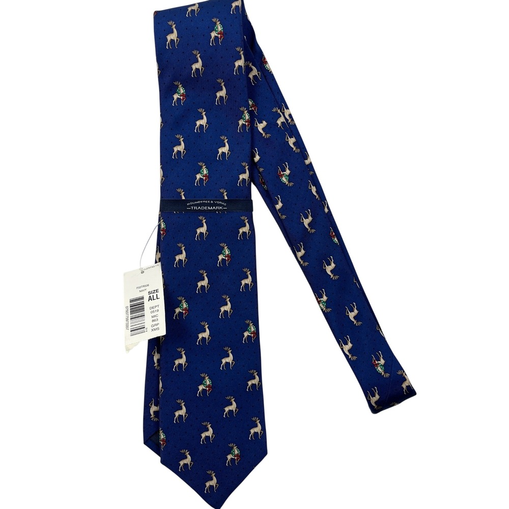 Roundtree & Yorke Mens Navy Blue Reindeer Silk Christmas Holiday Necktie NWT